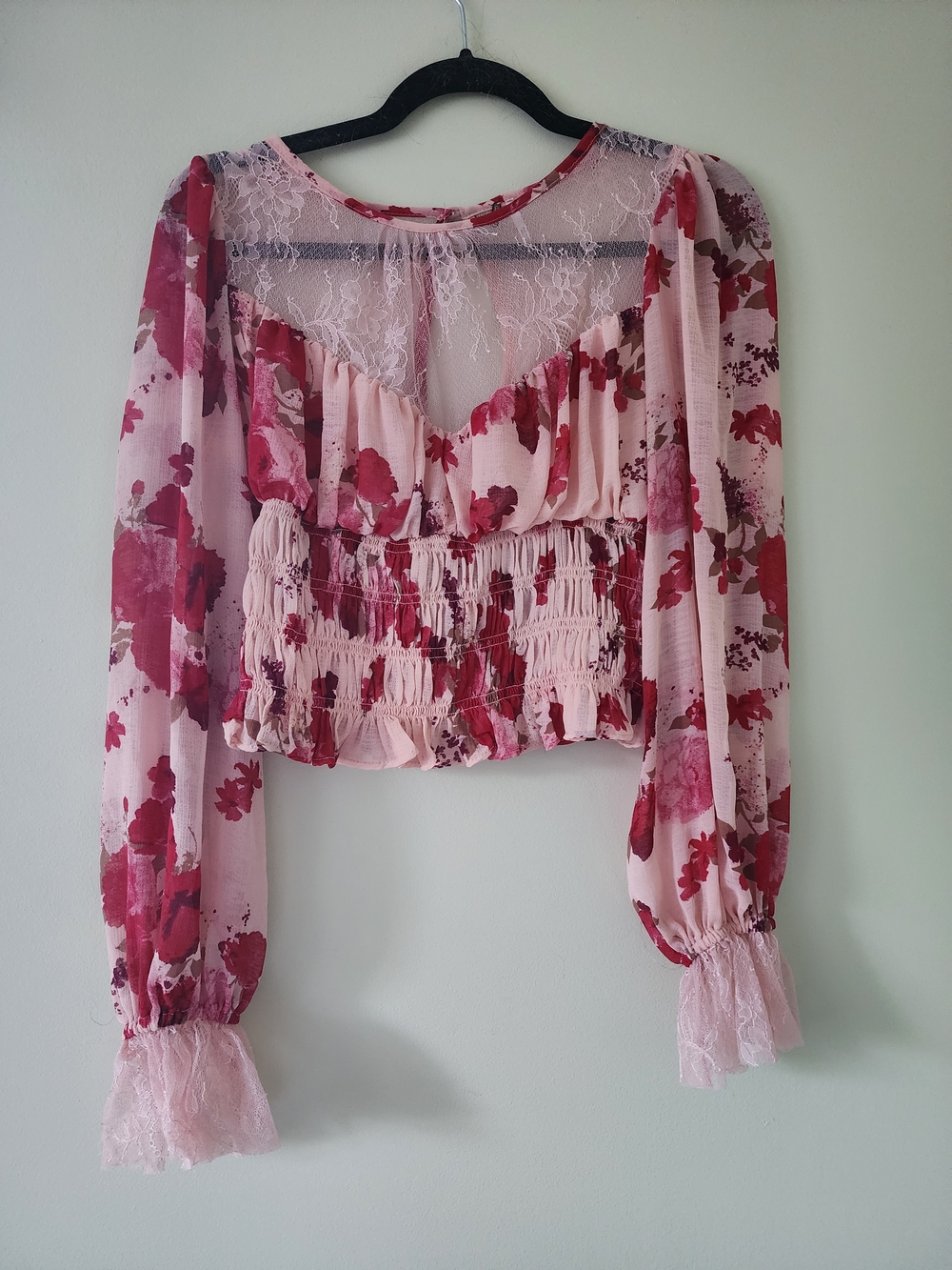 Free People Pink Floral Lace-Trim Smocked Blouse